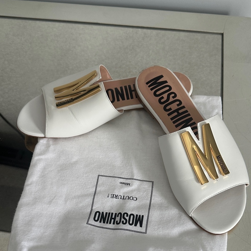 Moschino White and Gold Mules
